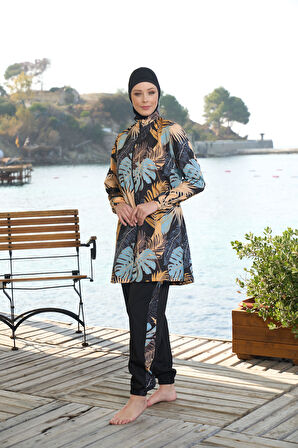 Estiva Kadın Tam Kapalı Fermuarlı Palmiye Desenli Tesettür Mayo Siyah