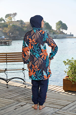 Estiva Kadın Tam Kapalı Fermuarlı Yaprak Desenli Tesettür Mayo Lacivert