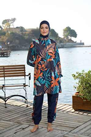 Estiva Kadın Tam Kapalı Fermuarlı Yaprak Desenli Tesettür Mayo Lacivert