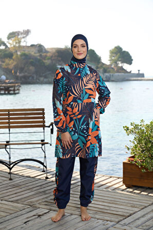 Estiva Kadın Tam Kapalı Fermuarlı Yaprak Desenli Tesettür Mayo Lacivert