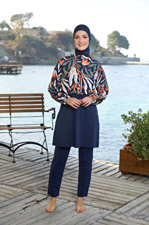 Estiva Kadın Tam Kapalı Croplu Yaprak Desenli Tesettür Mayo Lacivert