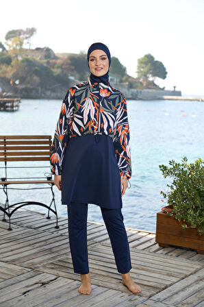 Estiva Kadın Tam Kapalı Croplu Yaprak Desenli Tesettür Mayo Lacivert