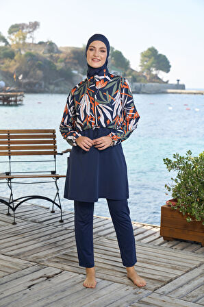 Estiva Kadın Tam Kapalı Croplu Yaprak Desenli Tesettür Mayo Lacivert