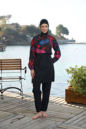 Estiva Kadın Tam Kapalı Croplu Dijital Desenli Tesettür Mayo Siyah