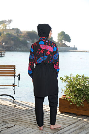Estiva Kadın Tam Kapalı Croplu Dijital Desenli Tesettür Mayo Siyah