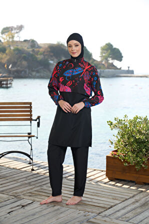 Estiva Kadın Tam Kapalı Croplu Dijital Desenli Tesettür Mayo Siyah