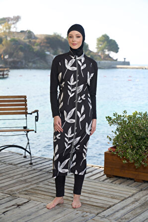 Estiva Kadın Tam Kapalı Tam Boy Fermuarlı Yaprak Desenli Tesettür Mayo Siyah