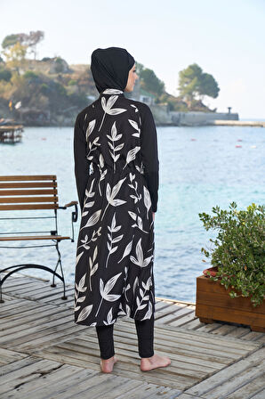 Estiva Kadın Tam Kapalı Tam Boy Fermuarlı Yaprak Desenli Tesettür Mayo Siyah