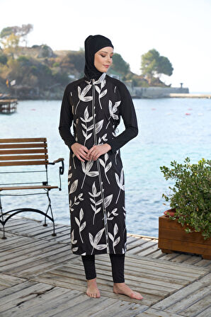 Estiva Kadın Tam Kapalı Tam Boy Fermuarlı Yaprak Desenli Tesettür Mayo Siyah