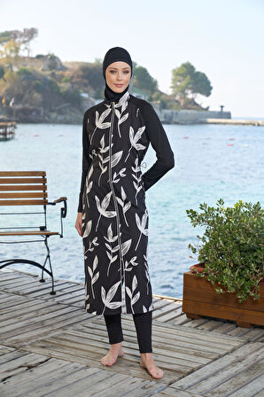 Estiva Kadın Tam Kapalı Tam Boy Fermuarlı Yaprak Desenli Tesettür Mayo Siyah