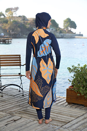 Estiva Kadın Tam Kapalı Tam Boy Fermuarlı Yaprak Desenli Tesettür Mayo Lacivert