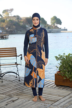Estiva Kadın Tam Kapalı Tam Boy Fermuarlı Yaprak Desenli Tesettür Mayo Lacivert