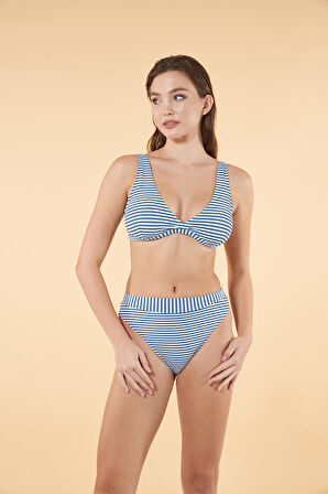 Estiva Kemerli Kruvaze Çizgi Desenli Bikini Takımı - Mavi Bayaz