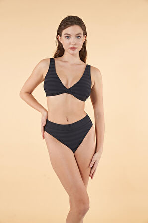 Estiva Kemerli Kruvaze Çizgi Dokulu Bikini Takımı - Siyah