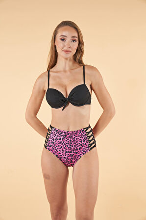 Estiva Desenli Yüksek Bel Britli Bikini Takımı - Siyah Mor