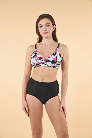 Estiva Yüksek Bel Kruvaze Çiçek Desenli Bikini Takımı - Siyah