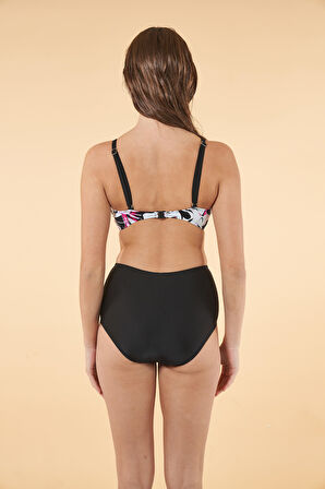 Estiva Yüksek Bel Kruvaze Çiçek Desenli Bikini Takımı - Siyah