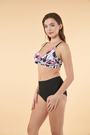 Estiva Yüksek Bel Kruvaze Çiçek Desenli Bikini Takımı - Siyah