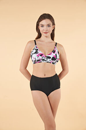 Estiva Yüksek Bel Kruvaze Çiçek Desenli Bikini Takımı - Siyah