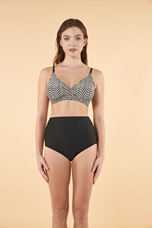 Estiva Yüksek Bel Kruvaze Çapraz Desenli Bikini Takımı - Siyah