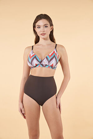 Estiva Yüksek Bel Kruvaze Çizgi Desenli Bikini Takımı - Kahverengi