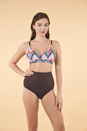 Estiva Yüksek Bel Kruvaze Çizgi Desenli Bikini Takımı - Kahverengi