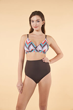 Estiva Yüksek Bel Kruvaze Çizgi Desenli Bikini Takımı - Kahverengi