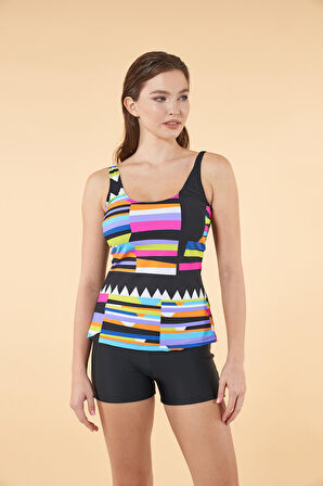 Estiva Şortlu Geometrik Desenli Tankini Mayo - Renkli Siyah