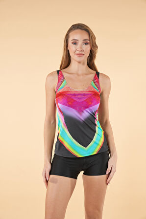 Estiva Şortlu Dalga Desenli Tankini Mayo - Renkli Siyah