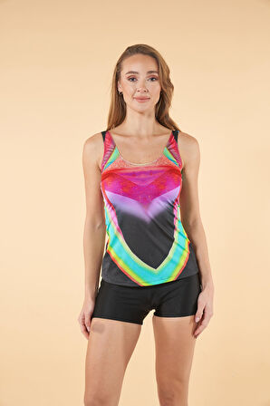 Estiva Şortlu Dalga Desenli Tankini Mayo - Renkli Siyah