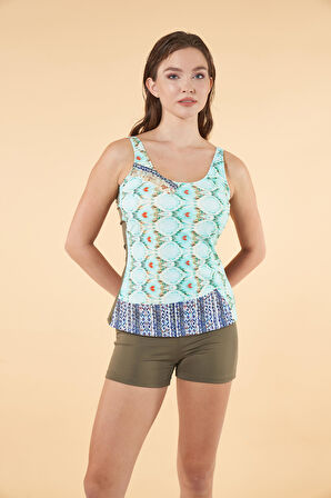 Estiva Şortlu Dijital Desenli Tankini Mayo - Yeşil