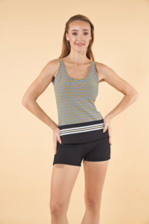 Estiva Şortlu Çizgi Desenli Tankini Mayo - Siyah