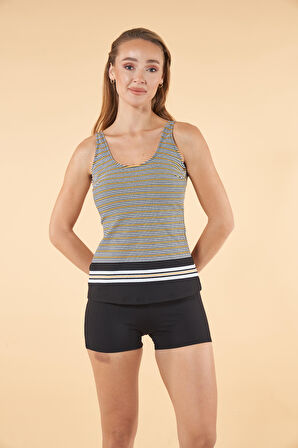 Estiva Şortlu Çizgi Desenli Tankini Mayo - Siyah