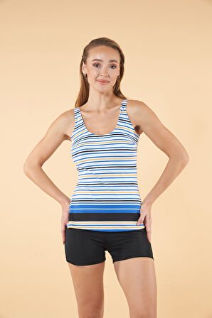 Estiva Şortlu Çizgi Desenli Tankini Mayo - Mavi Siyah