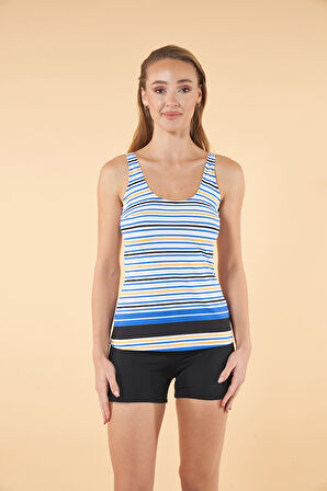 Estiva Şortlu Çizgi Desenli Tankini Mayo - Mavi Siyah