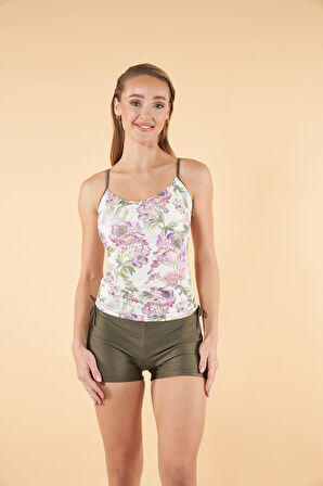 Estiva Büzgülü Çiçek Desenli İnce Akılı Şortlu Tankini Mayo - Haki