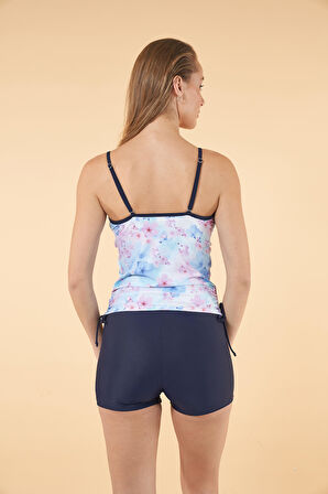 Estiva Büzgülü Çiçek Desenli İnce Akılı Şortlu Tankini Mayo - Lacivert