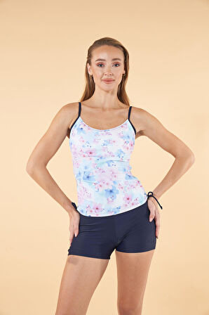 Estiva Büzgülü Çiçek Desenli İnce Akılı Şortlu Tankini Mayo - Lacivert