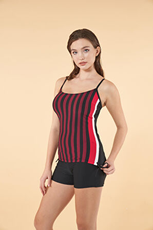 Estiva Büzgülü Çizgi Desenli İnce Akılı Şortlu Tankini Mayo - Bordo