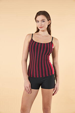 Estiva Büzgülü Çizgi Desenli İnce Akılı Şortlu Tankini Mayo - Bordo