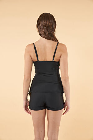 Estiva Büzgülü Çizgi Desenli İnce Akılı Şortlu Tankini Mayo - Bordo