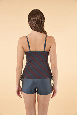 Estiva Büzgülü Çizgi Desenli İnce Akılı Şortlu Tankini Mayo - Gri