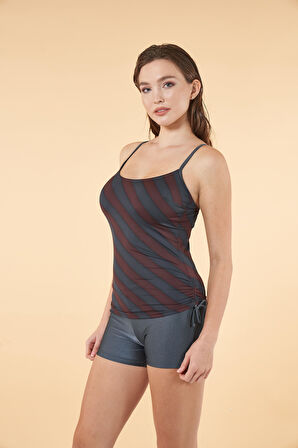 Estiva Büzgülü Çizgi Desenli İnce Akılı Şortlu Tankini Mayo - Gri