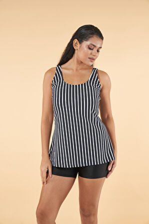 Estiva Şortlu Çizgi Desenli Battal Beden Tankini - Siyah Beyaz