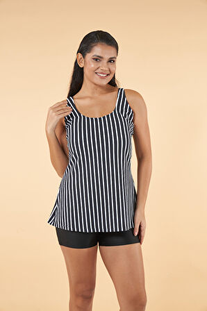 Estiva Şortlu Çizgi Desenli Battal Beden Tankini - Siyah Beyaz