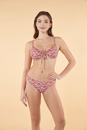 Estiva Çiçek Desenli Büzgülü Balenli Bikini Takımı - Pembe