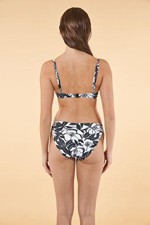 Estiva Yaprak Desenli Büzgülü Balenli Bikini Takımı - Siyah Beyaz