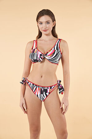 Estiva Kroşetalı Desenli Toparlayıcı Bikini Takımı - Kırmızı Siyah