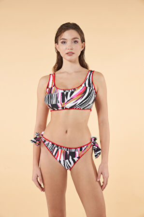 Estiva Kroşetalı Desenli Toparlayıcı Bikini Takımı - Kırmızı Siyah
