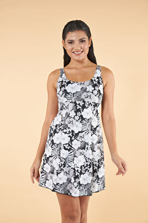 Estiva Çiçek Desenli Elbise Mayo - Siyah Beyaz